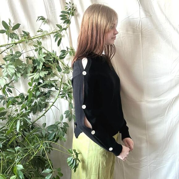 Helmut Lang Cashmere Blend Black Ribbed Sweater w/ Buttoned Peekaboo Sleeves - Picture 3 of 4